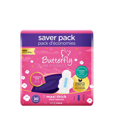 BUTTERFLY PADS BREATHABLES MAXI THICK LONG 30PCS PINK