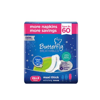 BUTTERFLY PADS BREATHABLES MAXI THICK LONG 28PCS PINK