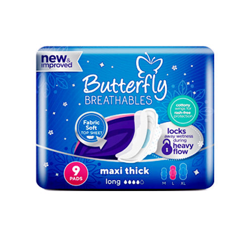 BUTTERFLY PADS BREATHABLES MAXI THICK LONG 9PCS BLUE