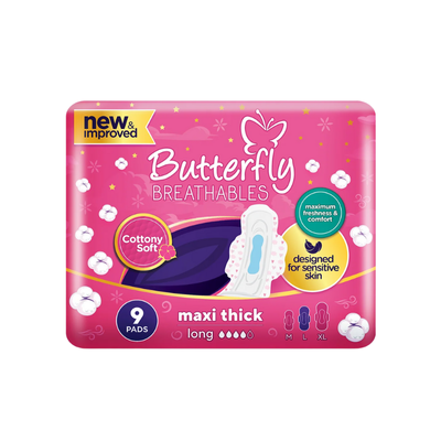 BUTTERFLY PADS BREATHABLES MAXI COTTON LONG 9PCS PINK