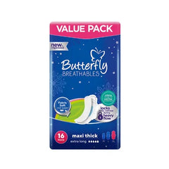 BUTTERFLY PADS BREATHABLES MAXI THICK EXTRA LONG 16PCS BLUE